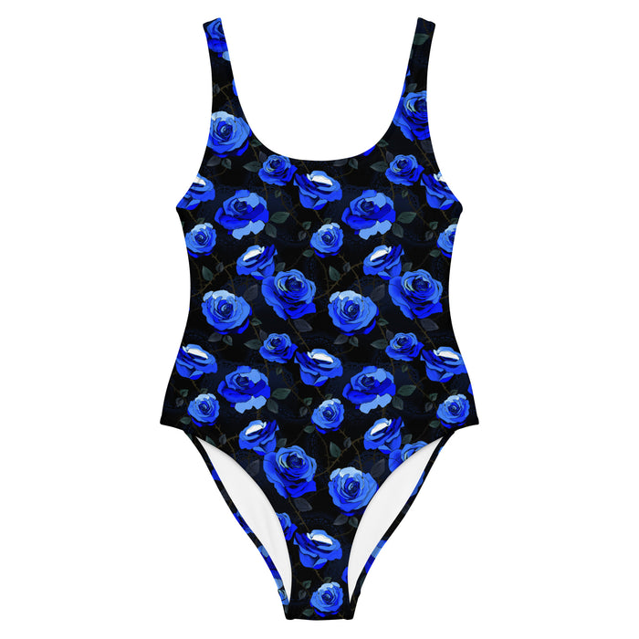 Enchanted Rose One-Piece Swimsuit in cobalt blue with roses and briars, gothic lolita swimsuit