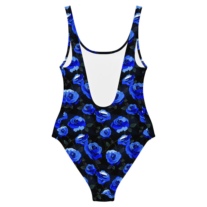 Blue Enchanted Rose One-Piece Swimsuit with blue roses and lace doilies, kawaii goth swimwear