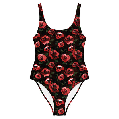 Enchanted Rose One-Piece Swimsuit with rose blossoms and thorny stems, alternative one-piece