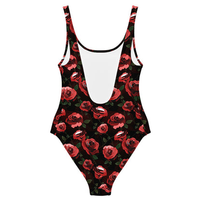 Enchanted Rose One-Piece Swimsuit cheeky-fit view with roses and doily hearts, goth swimsuit