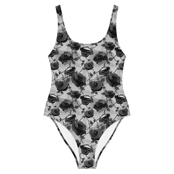 Black and white Enchanted Rose One-Piece Swimsuit with roses and lace doilies, alternative swim