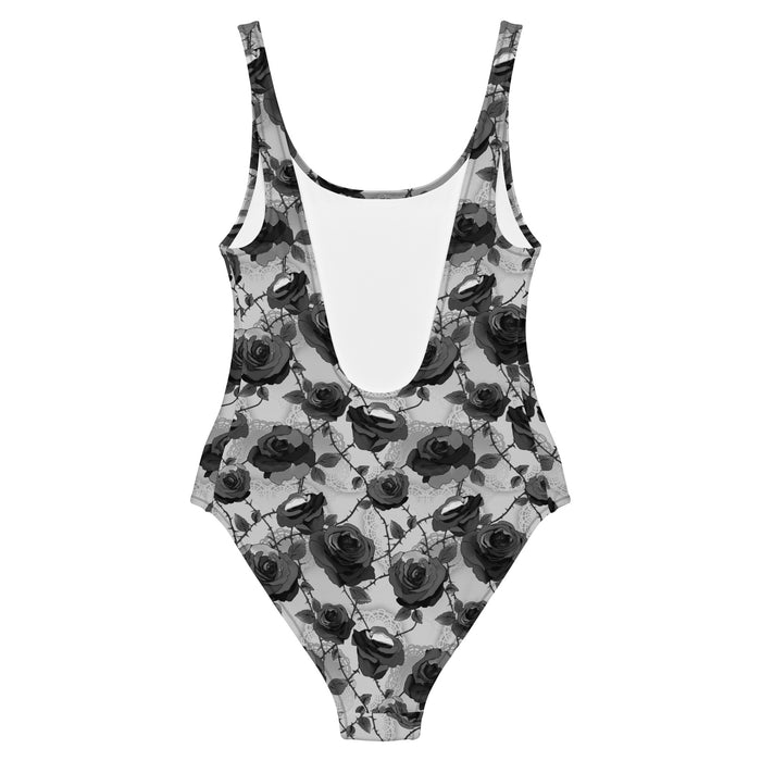 Black Enchanted Rose One-Piece Swimsuit with rosebuds and briar stems, gothic swimsuit