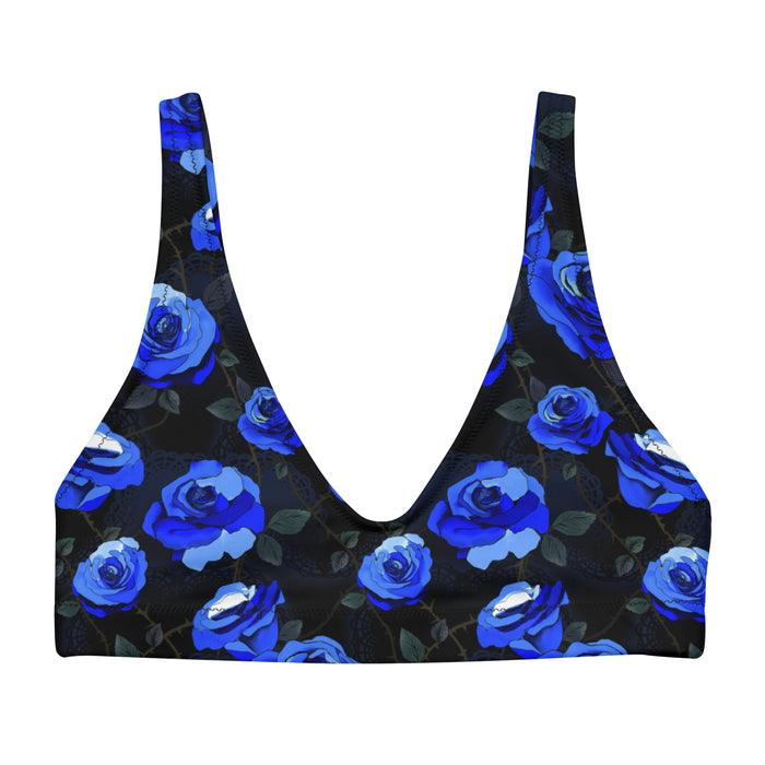 Enchanted Rose Padded Bikini Top in cobalt blue with roses and lace doilies, goth bikini top