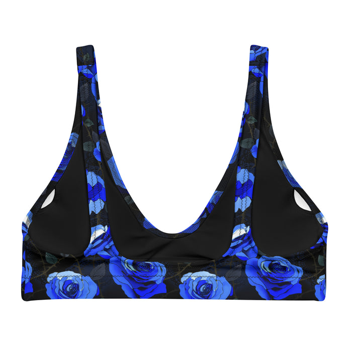 Blue Enchanted Rose Padded Bikini Top with blue roses and thorny briars, kawaii goth swimwear