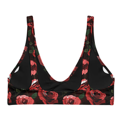 Enchanted Rose Padded Bikini Top with watercolor roses and doily hearts, gothic bikini
