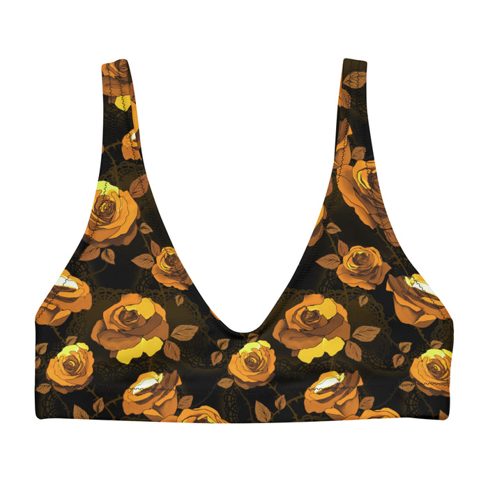 Enchanted Rose Padded Bikini Top with full-bloom roses and leaves, kawaii alternative swimwear