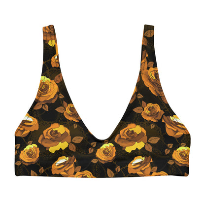 Enchanted Rose Padded Bikini Top with full-bloom roses and leaves, kawaii alternative swimwear
