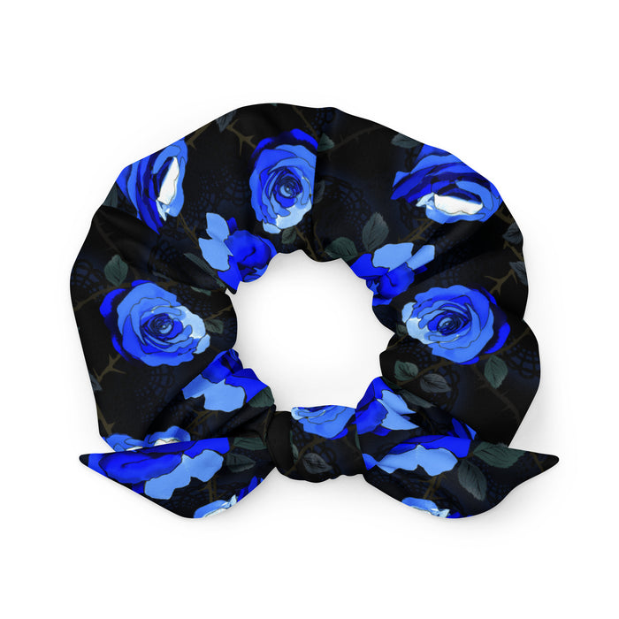 Enchanted Rose Scrunchie in cobalt blue with roses and briars, goth hair scrunchie