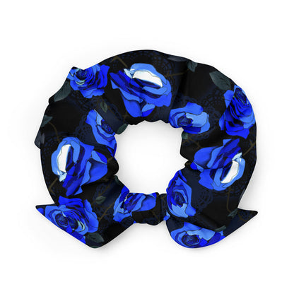 Blue Enchanted Rose Scrunchie with blue roses and lace doilies, kawaii goth hair tie