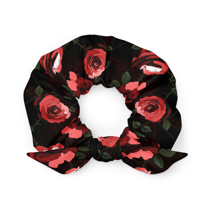 Black Enchanted Rose Scrunchie with black roses and thorny stems, gothic scrunchie