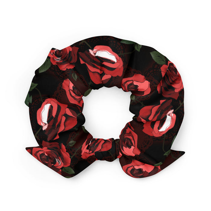 Enchanted Rose Scrunchie with rose blossoms and doily hearts, alternative hair accessory