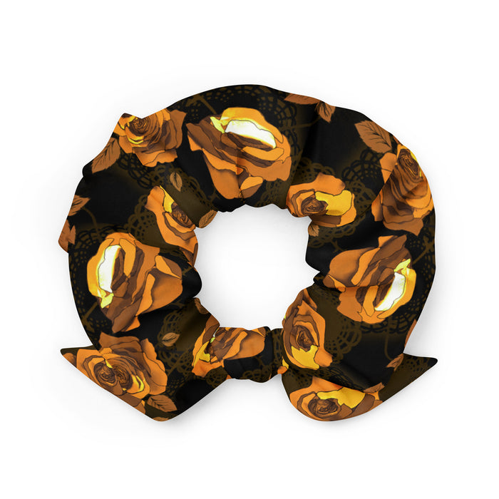 Enchanted Rose Scrunchie with full-bloom roses and briar stems, goth kawaii hair tie