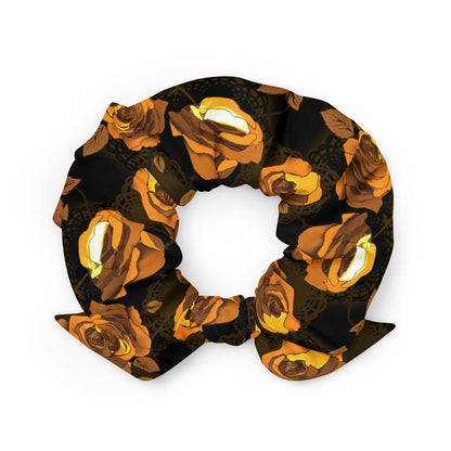 Enchanted Rose Scrunchie with full-bloom roses and briar stems, goth kawaii hair tie