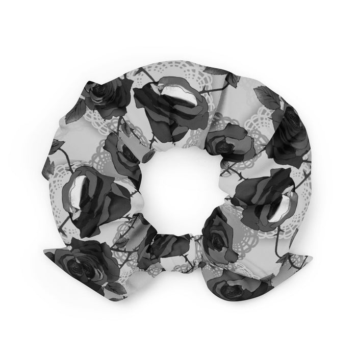 Black and white Enchanted Rose Scrunchie with roses and lace doilies, alternative scrunchie
