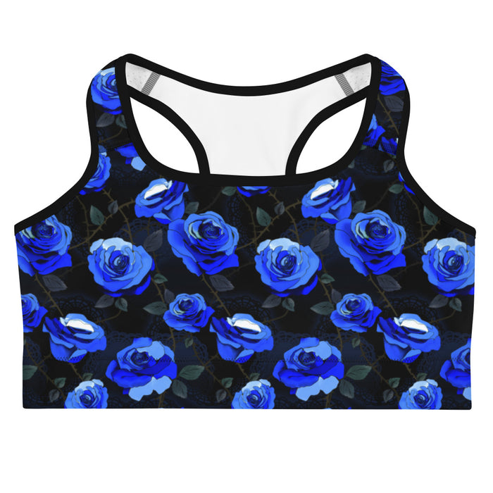 Enchanted Rose Sports Bra in cobalt blue with roses and lace doilies, goth sports bra