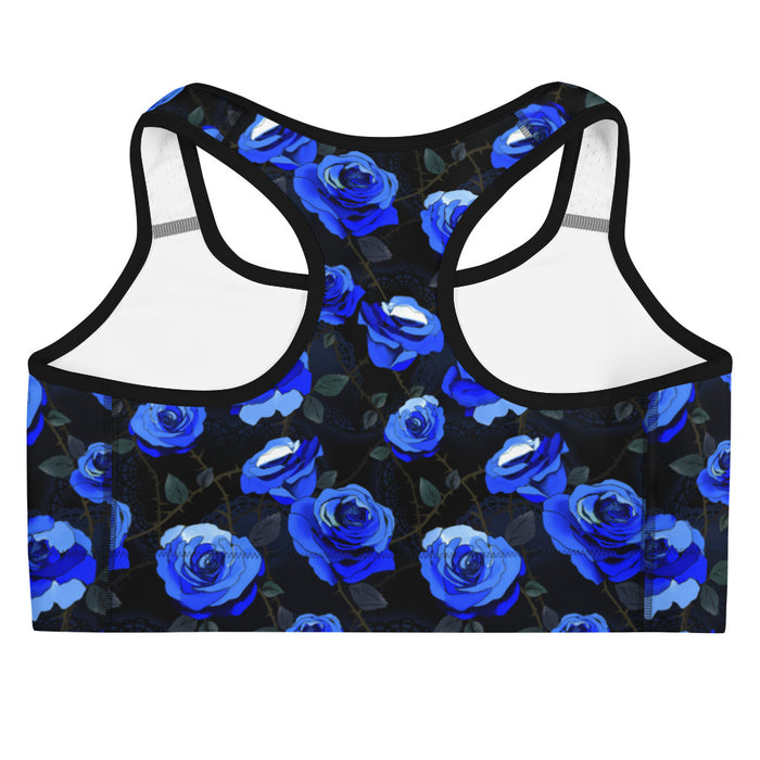 Blue Enchanted Rose Sports Bra with blue roses and thorny briars, kawaii goth gym wear