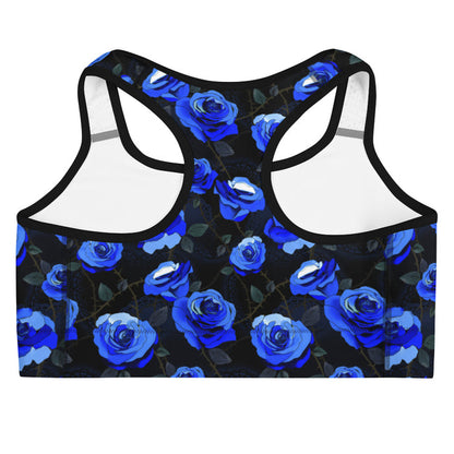 Blue Enchanted Rose Sports Bra with blue roses and thorny briars, kawaii goth gym wear