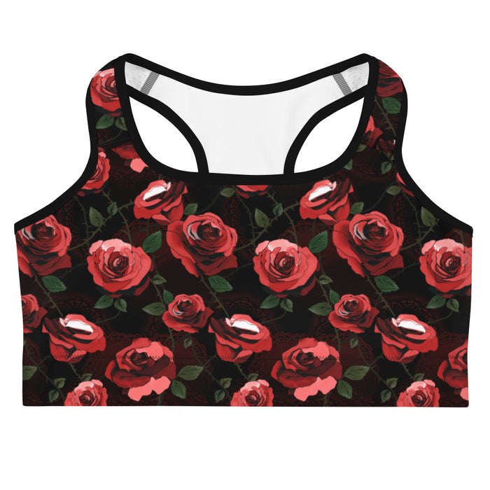 Red and black Enchanted Rose Sports Bra with red roses and thorns, goth sports bra
