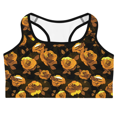 Black and gold Enchanted Rose Sports Bra with golden roses and briars, alternative gym top