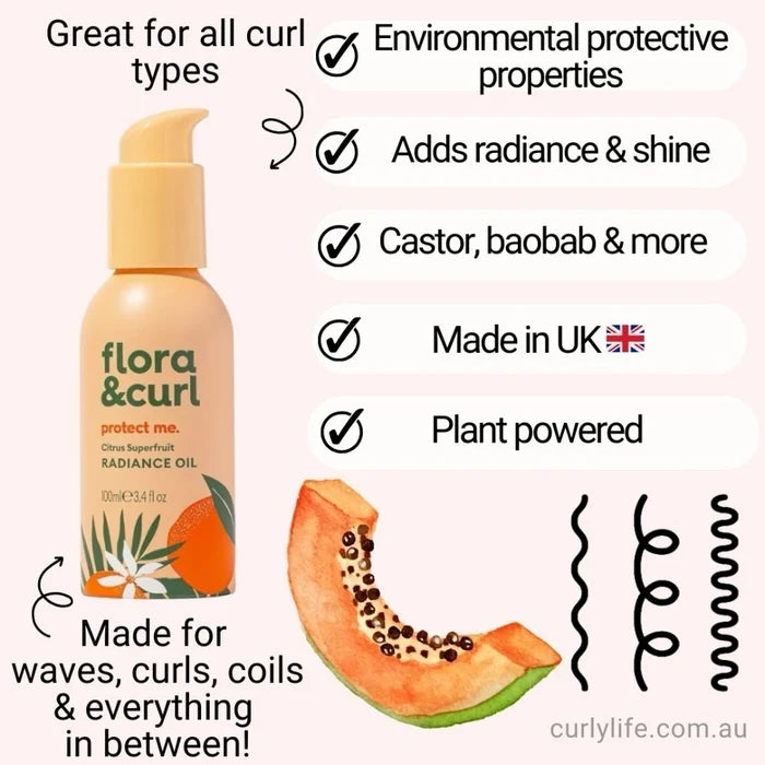 Flora & Curl Citrus Bloom Superfruit Hair Oil, finishing oil for shine and frizz control on curls