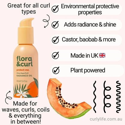 Flora & Curl Citrus Bloom Superfruit Hair Oil, finishing oil for shine and frizz control on curls