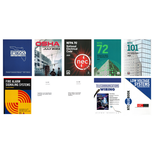 Collection of Florida Alarm Systems I Contractor exam books and study guides with tabbed sections arranged in two rows