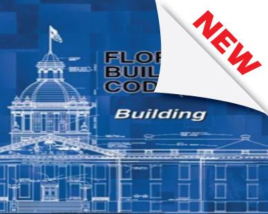Blue cover displaying architectural blueprint with peeling corner revealing red "NEW" label for Florida Building Code Marine Contractor 2017