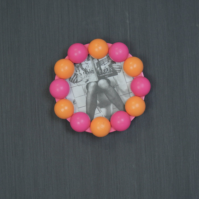 Fotolijst - Rond met Bolletjes Rand - MDF - Oranje/ Neon Roze - 14.5x14.5cm