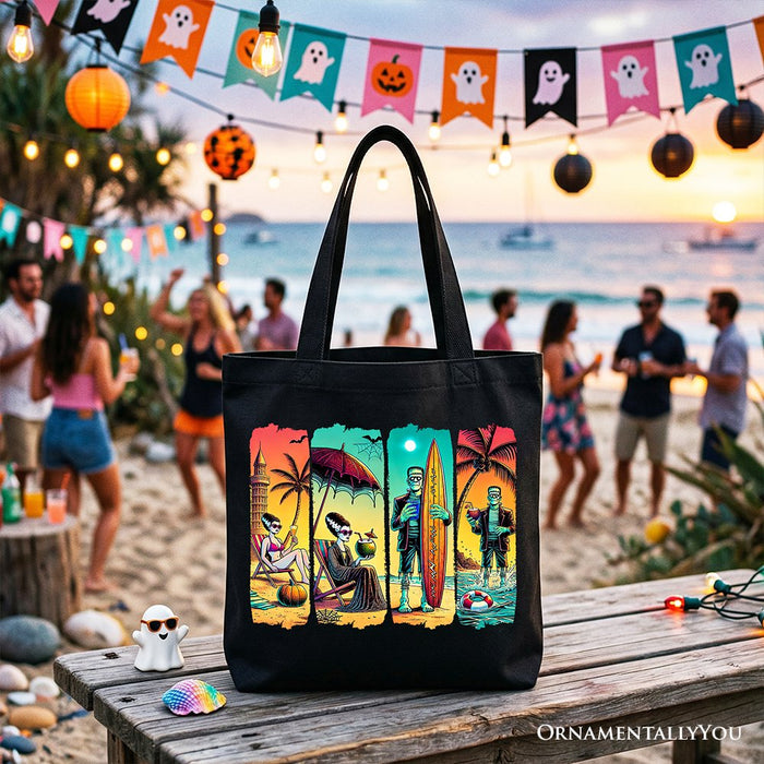 Frankenstein's Beach Vacation Tote Bag, Retro Neon Surf Style Gift Shopper for Horror Fans with Summer Vibes Tote Bag OrnamentallyYou Black