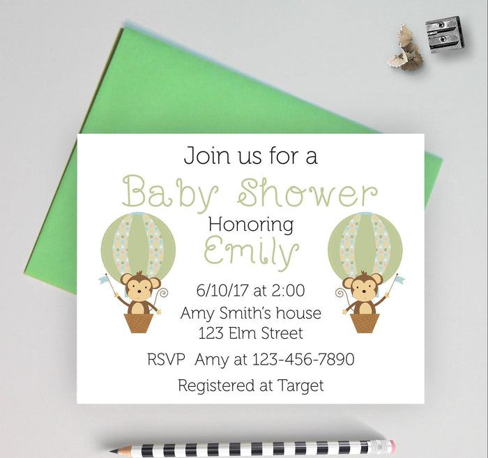 Baby shower invitation with monkey design.