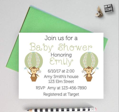 Baby shower invitation with monkey design.