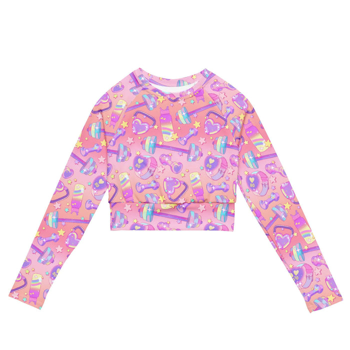 Glitter Gains kawaii long-sleeved crop top with holographic water bottles and pastel hearts