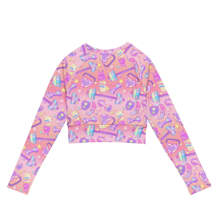 Glitter Gains kawaii long-sleeved crop top with golden stars and holographic barbells, back view