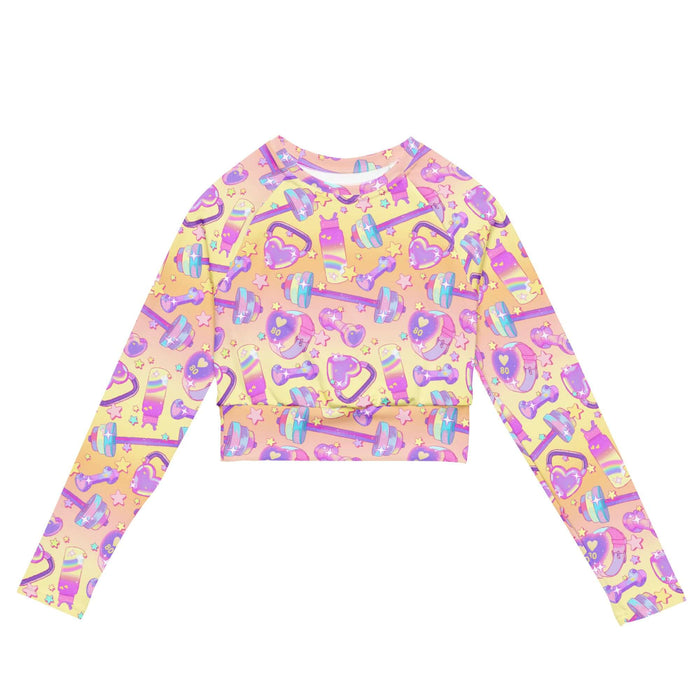 Glitter Gains kawaii long-sleeved crop top with tiny sparkles and rainbow dumbbells