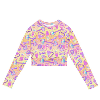 Glitter Gains kawaii long-sleeved crop top with tiny sparkles and rainbow dumbbells