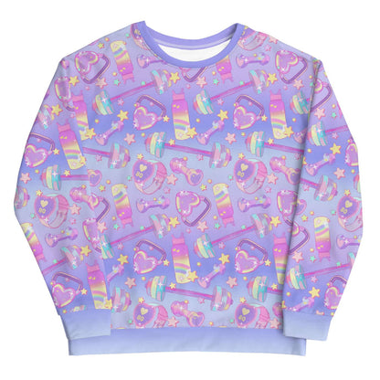 Glitter Gains kawaii sweatshirt with holographic water bottles and pastel hearts