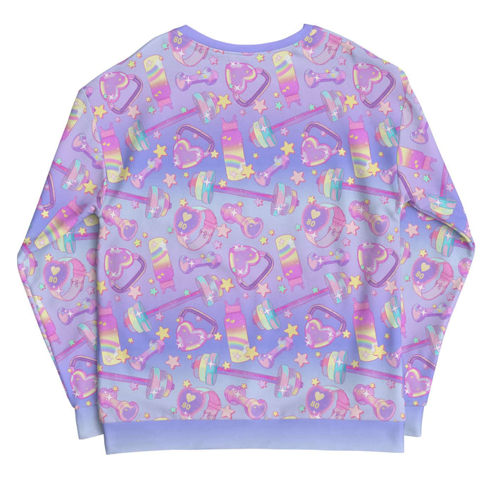 Glitter Gains kawaii sweatshirt with golden stars and holographic barbells, back view