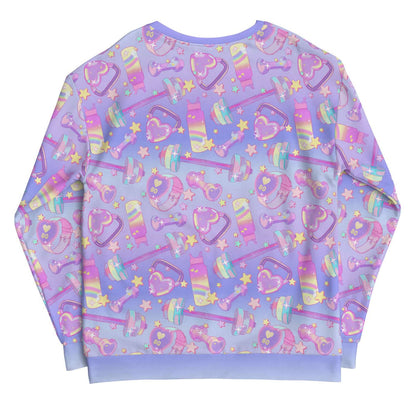 Glitter Gains kawaii sweatshirt with golden stars and holographic barbells, back view