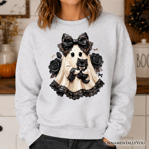 Gothic Ghost with Black Cat Sweatshirt, Black Rose Coquette Halloween Sweater