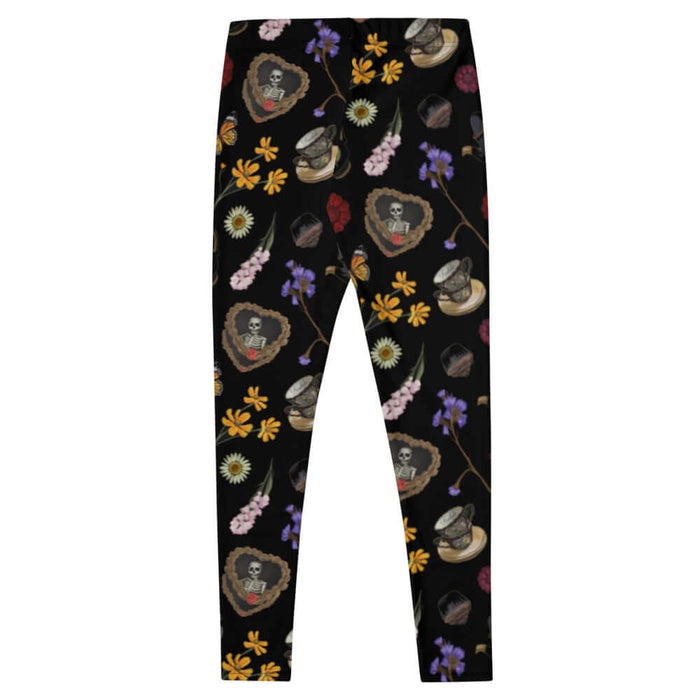 Gothic Tea Time leggings in black with red dahlias and stacked teacups, pastel goth fashion