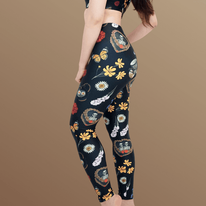 Gothic Tea Time leggings in black with stacked vintage teacups and monarch butterflies, kawaii goth style