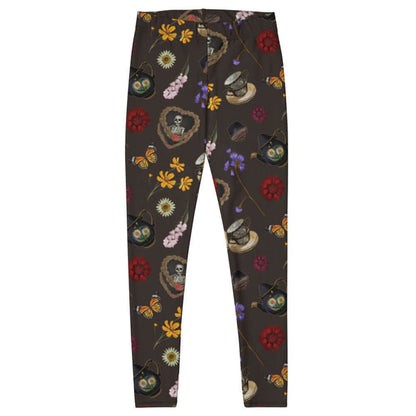 Gothic Tea Time leggings in black with purple irises and red dahlias, kawaii goth style