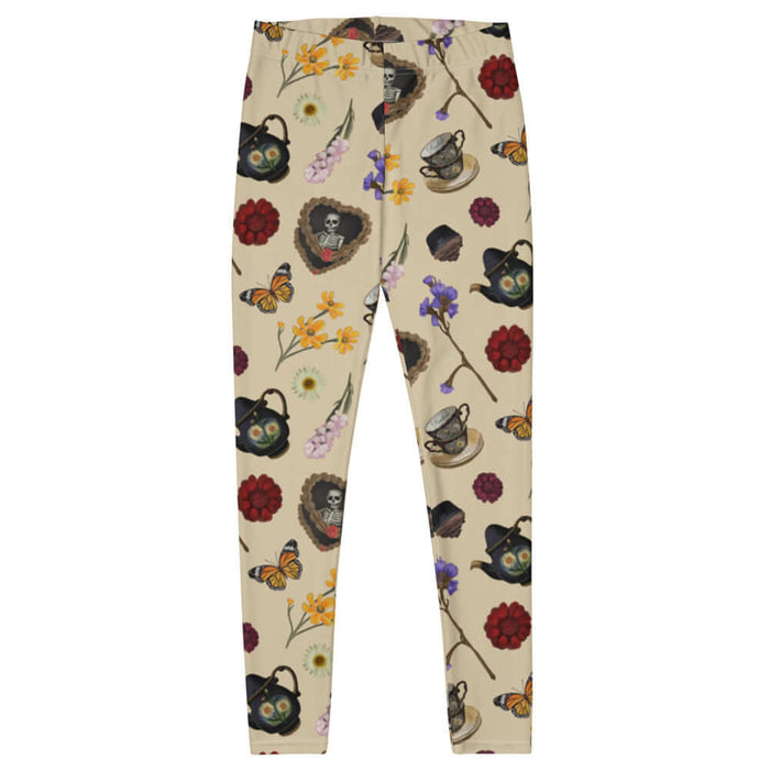 Gothic Tea Time leggings in black with black teapots and wine-dark zinnias, kawaii goth style