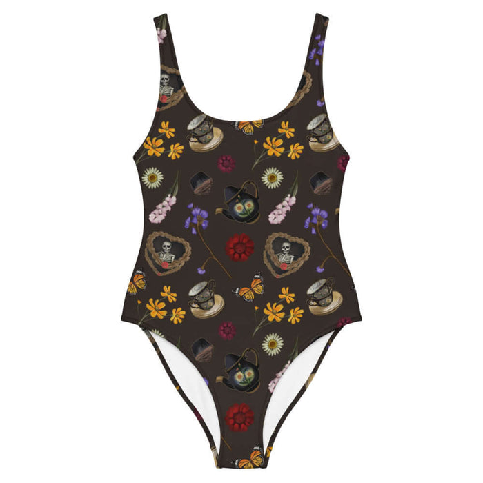 Gothic Tea Time one-piece swimsuit in black with a heart-wreathed skeleton and golden cosmos, kawaii goth style