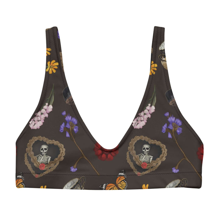 Gothic Tea Time padded bikini top in black with a heart-wreathed skeleton and black teapots, alternative style