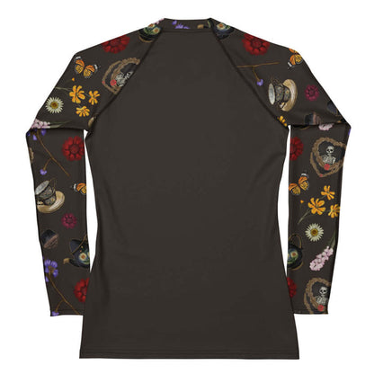 Gothic Tea Time rash guard in black with pink snapdragons and golden cosmos, goth fashion