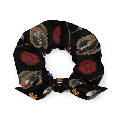 Gothic Tea Time scrunchie in black with monarch butterflies and crimson dahlias, alternative attire