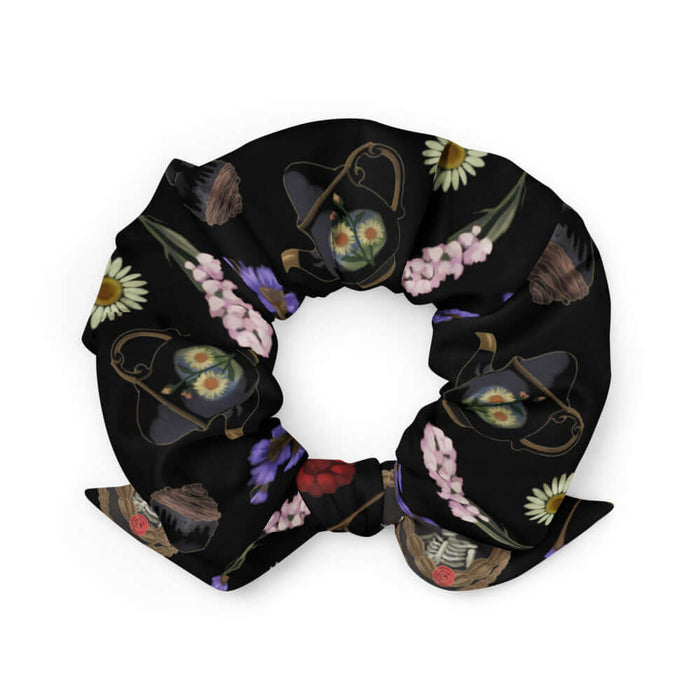 Gothic Tea Time scrunchie in black with gilded teacups and purple irises, alternative attire