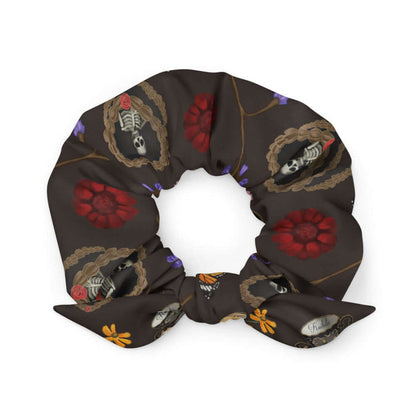 Gothic Tea Time scrunchie in black with pale butterflies and pink snapdragons, alternative attire