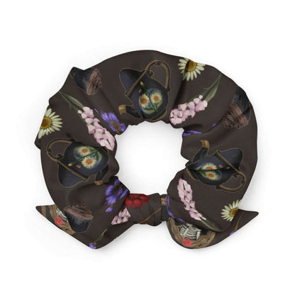 Gothic Tea Time scrunchie in black with a heart-wreathed skeleton and golden cosmos, alternative attire